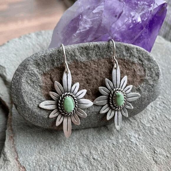 Silver Turquoise Flower Dangle Earrings - Picture 2 of 5